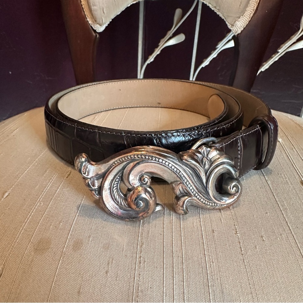Brighton Vintage Croc-Embossed Leather Belt with Ornate Silver Scroll Buckle